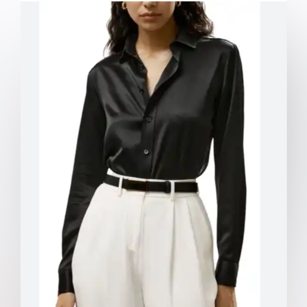 Halogen Satin Black Shirt Button Down Long Sleeves Size M